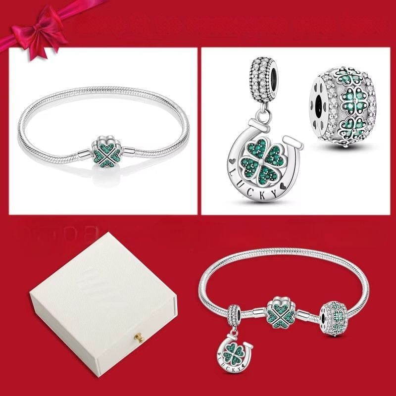 Conjunto 2 Berloques + Pulseira Prata Esterlina 925 – Trevo da Sorte