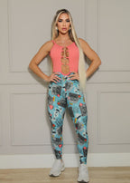Macacão Fitness Top Rosa Legging Estampada