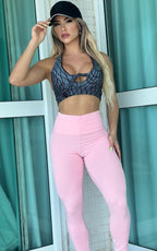 Conjunto Fitness Top Laço Grafite Legging Rosa Claro