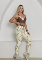 Conjunto Fitness Top Bojo Duplo Marrom e Legging Coração