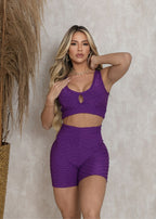 Conjunto Fitness Top Short Roxo Brocado Zero Transparência