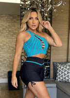 Conjunto Fitness Top Azul Listrado com Tiras Short Preto