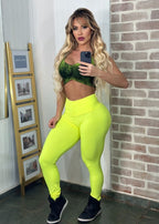 Conjunto Fitness Top Borboleta Tie Dye Legging Verde Fluorescente