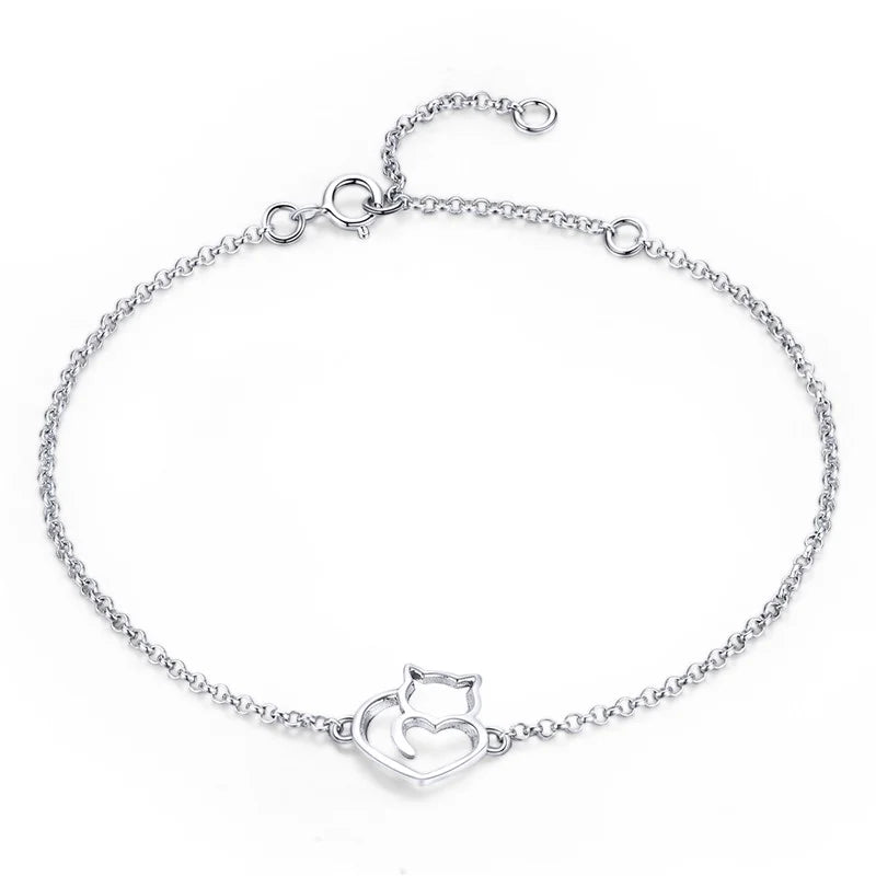 Pulseira Prata Esterlina 925 com Pingente de Gatinho