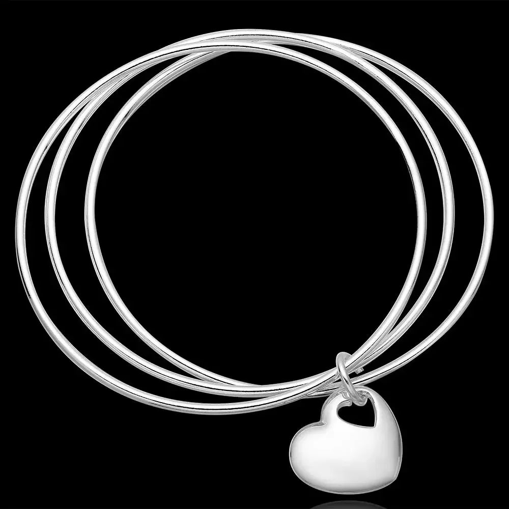 Pulseira Prata Esterlina 925 3 Argolas e Pingente Coração