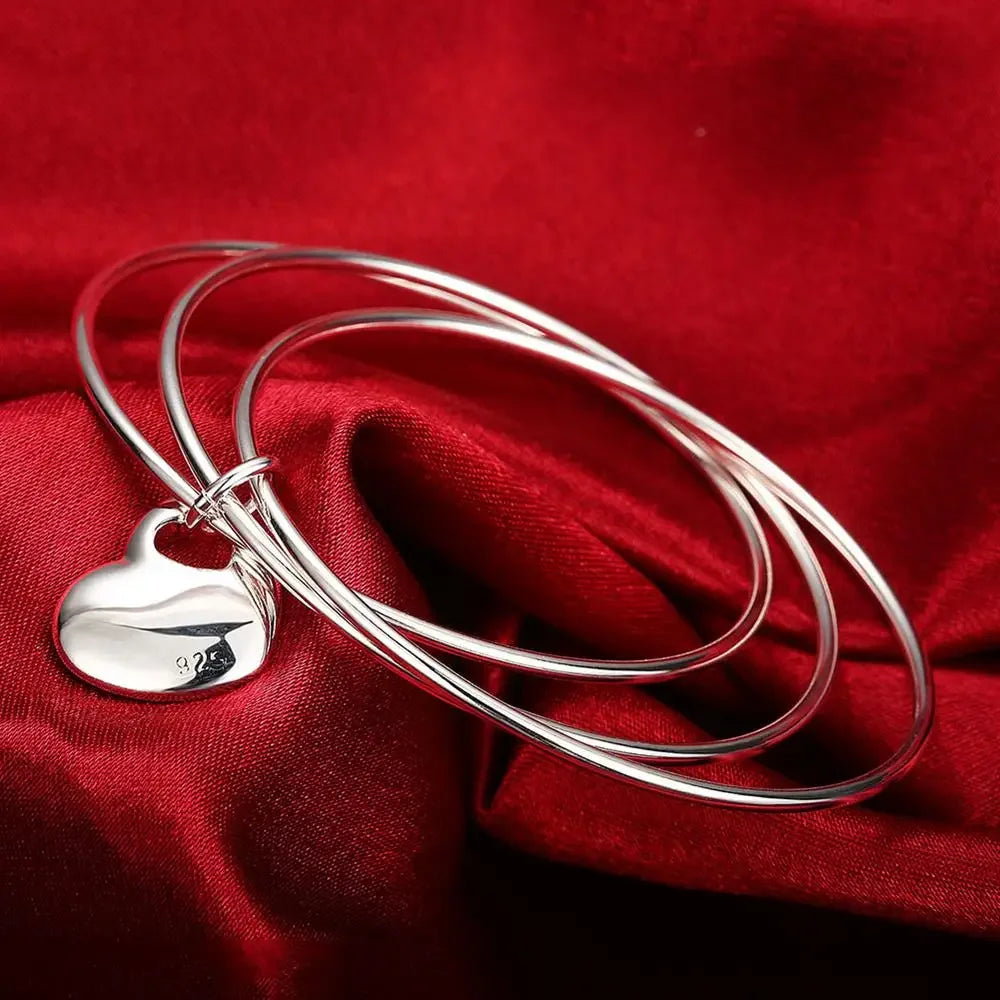 Pulseira Prata Esterlina 925 3 Argolas e Pingente Coração