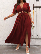 Vestido Casual Plus Size Azul Royal com Gola V Profunda