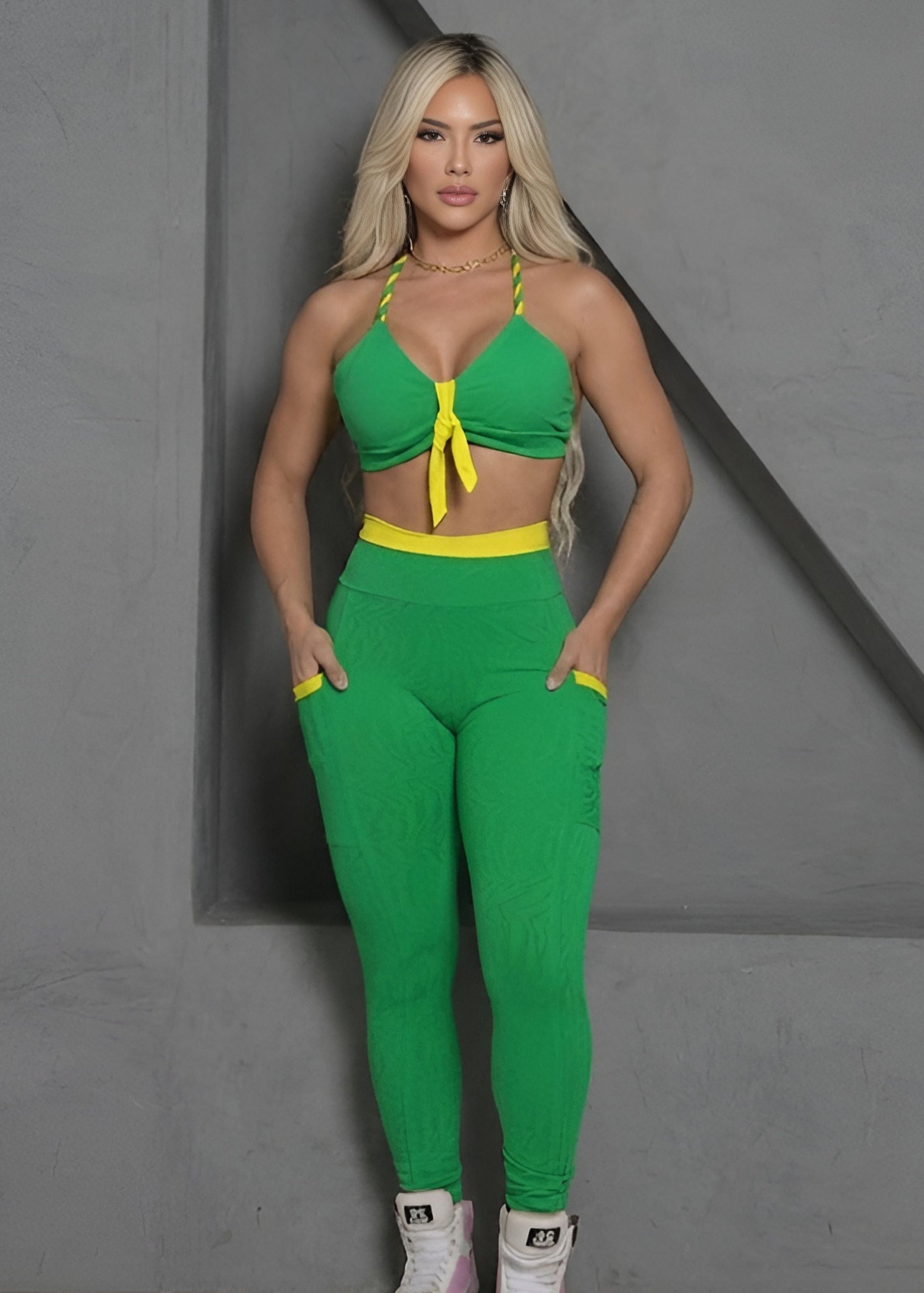 Conjunto Fitness Top Laço Legging Verde Zebra Coleção Brasil